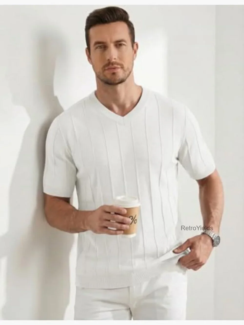 Mens V Neck Knit Shirt Short Sleeve Ribbed Pullover Casual T Shirt - Picture 3 of 7